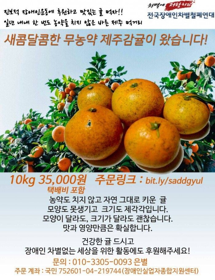 일주일에 평균 5.9회의 투쟁일정을 아름답게 여는 전국장애인차별철폐연대! 이 멋지고 숨가쁜 일정 속에서 재정걱정 없이 잠이라도 푹 잘 수 있도록!! 새콤달콤한 귤 드시고, 감기 예방도 하고, 진보적 장애인운동 후원까지! 일석삼조의 기쁨을 함께 해요 X-D